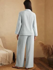 Lullawish Bohemian Comfortable Relaxed Tie-Up Cotton Linen Women's Loungewear Set - Blue - View 2