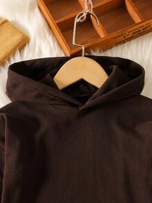 Elladie kids 女童深棕色連帽長袖上衣與鬆緊腰寬鬆軟針織長褲，毛絨袖口與褲腳裝飾，2件套，春/秋季 - 咖啡棕 - 查看 7