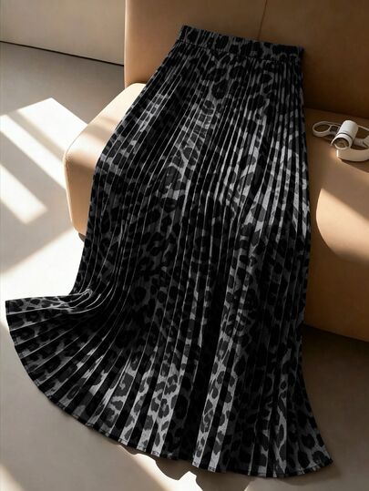 GlowEve CURVE Plus Size Women's Leopard Print Pleated Skirt Fashionable Elegant 1950s Vintage Personalized Casual Minimalist Clothing Formal Vacation Grey Autumn