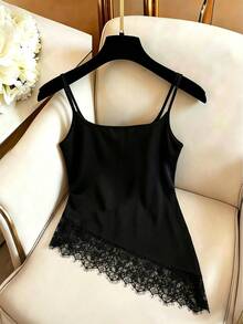 Resyla Plus Size Sexy French Lace Patchwork Asymmetrical Hem Cami Tank Top - Black - View 2