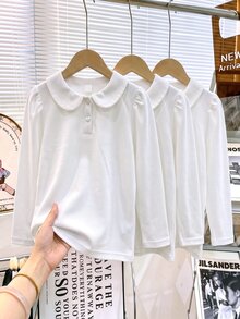 Young Girls White 3pcs Long Sleeve Polo Shirts, Peter Pan Collar Exquisite Heart Button, Long Sleeve T-Shirts, Basic Solid Color Fitted T-Shirts, Suitable For Back To School Season - White - View 6