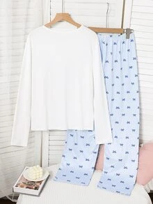 4件組女孩青少年居家服，長袖鏤空印花上衣搭配全數位印花長褲，牛奶絲面料舒適休閒服 - 淺藍色 - 查看 2