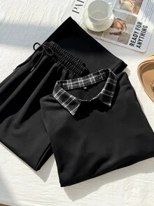 SHEIN EZwear 大尺碼休閒格紋拼接 2 合 1 運動衫與抽繩腰長褲 2 件套 - 黑與白 - 查看 6