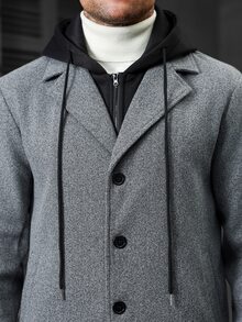Manfinity CasualCool Men's Long Mature Business Classic Versatile 2 In 1 Colorblock Wool Coat, Open Front Hooded Style With Large Pockets, Autumn/Winter - Dark Grey - View 3