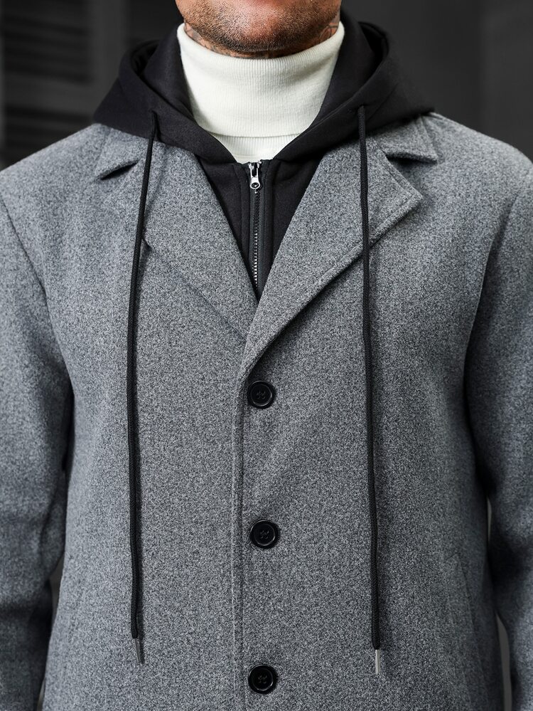 Manfinity CasualCool Men's Long Mature Business Classic Versatile 2 In 1 Colorblock Wool Coat, Open Front Hooded Style With Large Pockets, Autumn/Winter - Dark Grey - View 3