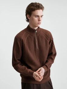 RONVEXI Men's Fashion Textured Zipper Half-Placket Long Sleeve Sweater - Coffee Brown - View 4