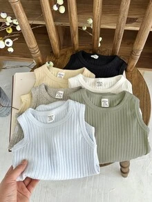 SHEIN Vintaside Kids 6件組男嬰連身衣 羅紋針織 藍色米色綠色 可扣開 圓領無袖 輕便 適合度假海灘夏季假期生日 簡約可愛 - 彩色 - 查看 5