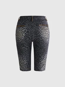 ROMWE Grunge Punk Y2K Retro Sexy Leopard Print Metal Rivet Ultra Low Waist Skinny Denim Shorts - Multicolor - View 2