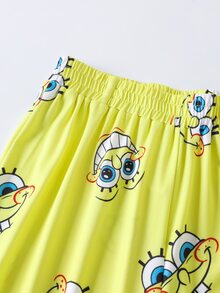 SpongeBob SquarePants | SHEIN Set Piyama Wanita Motif Kartun Atasan Lengan Pendek dan Celana Panjang - Kuning - View 6