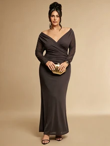 SHEIN BAE CURVE Plus Size Women's Multi-Color Ruffle Ruched Cup Camisole Dress, Elegant Beach Vacation Dress - Coffee Brown - View 2