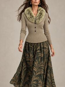 SHEIN Áo len chui đầu nữ dáng ôm cổ lông xù phối patchwork cài nút tay dài phong cách thường ngày cho mùa thu/đông - Màu Khaki - Xem 6