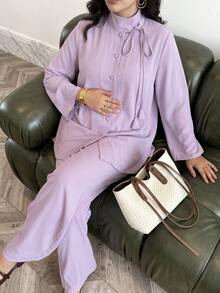 Veilorie Women's Solid Color Front Tie Long Sleeve Single-Breasted Top And Pants Arabic Costume Set - Purple - View 6