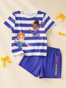 Blippi X SHEIN Young Girl Striped Round Neck Short Sleeve T-Shirt And Shorts Set - Purple - View 3