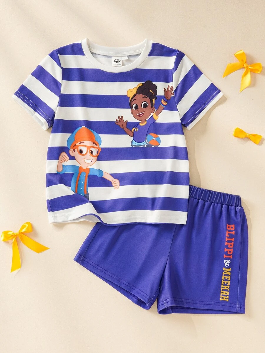 Blippi X SHEIN Setelan Kaos Lengan Pendek Leher Bulat Bergaris dan Celana Pendek untuk Anak Perempuan - Purple - View 1