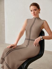 MOTF PREMIUM WOMEN'S STRIPED STAND COLLAR FITTED ELEGANT SLEEVELESS KNIT DRESS - Camel - View 6