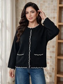 Dripcurv كارديجان نسائي مقاس كبير للخريف/الشتاء أنيق للاستخدام اليومي مزين بحافة دانتيل وتصميم كتل لونية وأزرار أمامية وأكمام طويلة - أبيض وأسود - مشاهدة 4