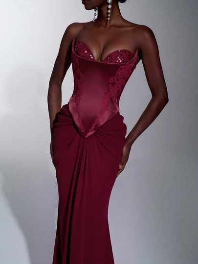 Elitara Elegant Luxurious Fashionable Satin Chiffon Handmade Applique Strapless Faux Two-Piece Oversized Skirt Train Women's Formal Evening Gown