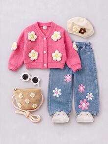 Cozy Pixies 女嬰休閒日常兩件套－長袖開襟衫搭配3D花朵貼飾與配套長褲－適合秋季 - 彩色 - 查看 1