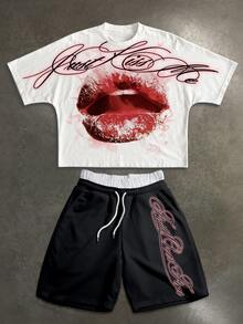 Manfinity ZONE917 American Retro Distressed Lip Print JUST Graffiti Pattern Black & White Short Batwing Sleeve T-Shirt & Double Waistband Short Sweatpants Set - White - View 1
