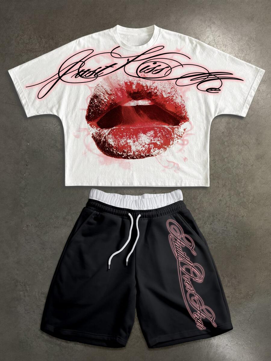 Manfinity ZONE917 American Retro Distressed Lip Print JUST Graffiti Pattern Black & White Short Batwing Sleeve T-Shirt & Double Waistband Short Sweatpants Set - White - View 1