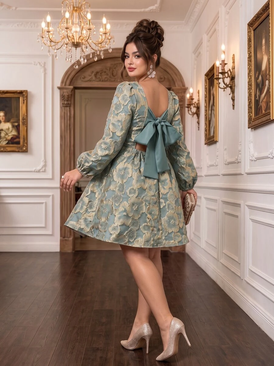 Roveilla Plus Size Women's Elegant Jacquard Square Neck Solid Color Bowknot Back Short Dress, Spring/Autumn - Green - View 1