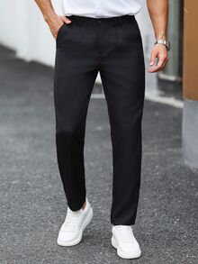 Manfinity Homme 男士素色休閒商務西裝長褲，適合日常通勤、輕鬆工作環境或半正式場合，也是送給男友和丈夫的理想禮物 - 黑色 - 查看 5