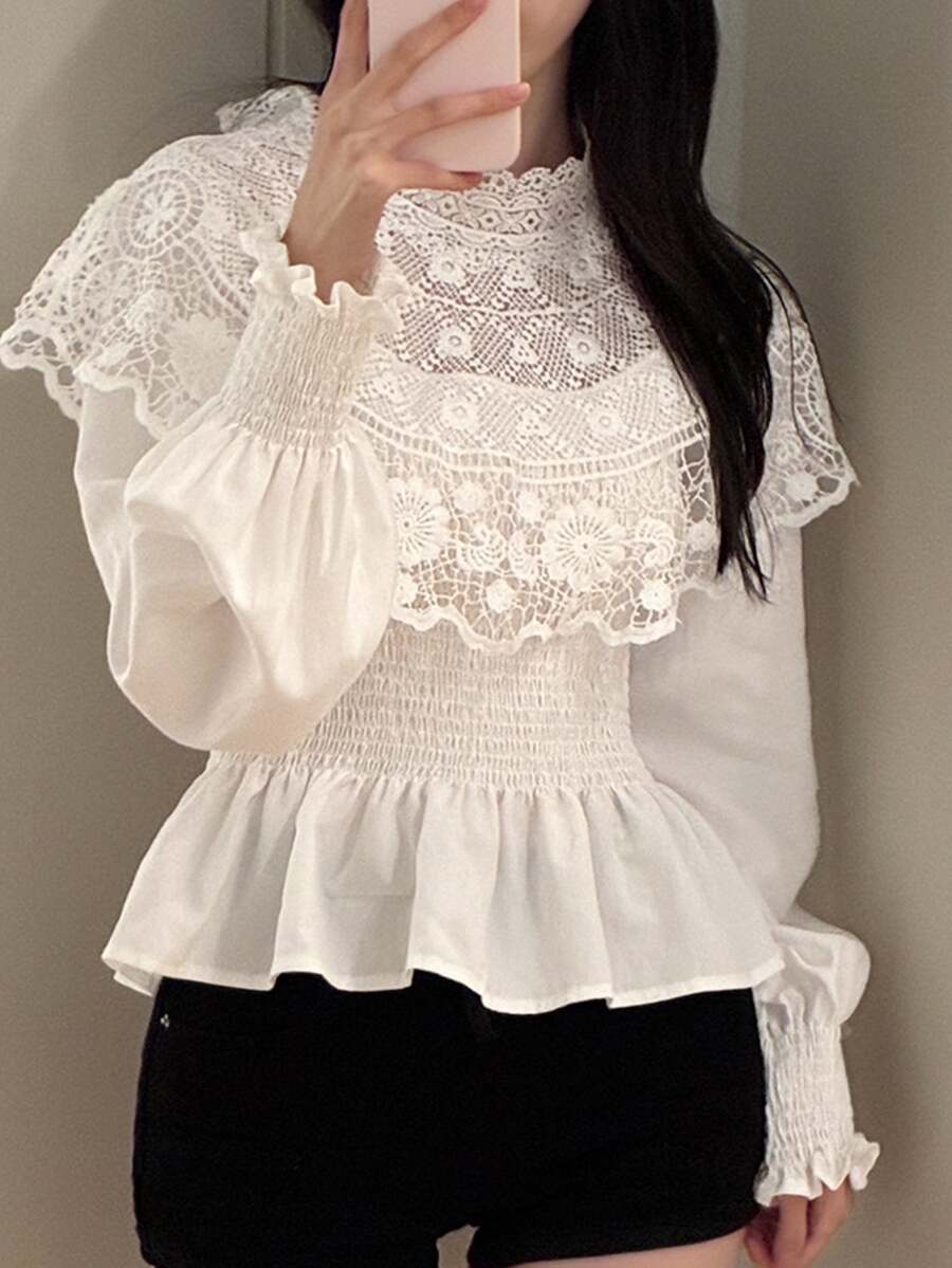 DAZY Women's Lace Patchwork Pleated Casual Daily Wear Blouse - White - View 1
