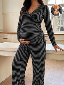 SHEIN 孕婦哺乳V領長袖上衣與長褲條紋兩件套 秋季 - 深灰色 - 查看 1