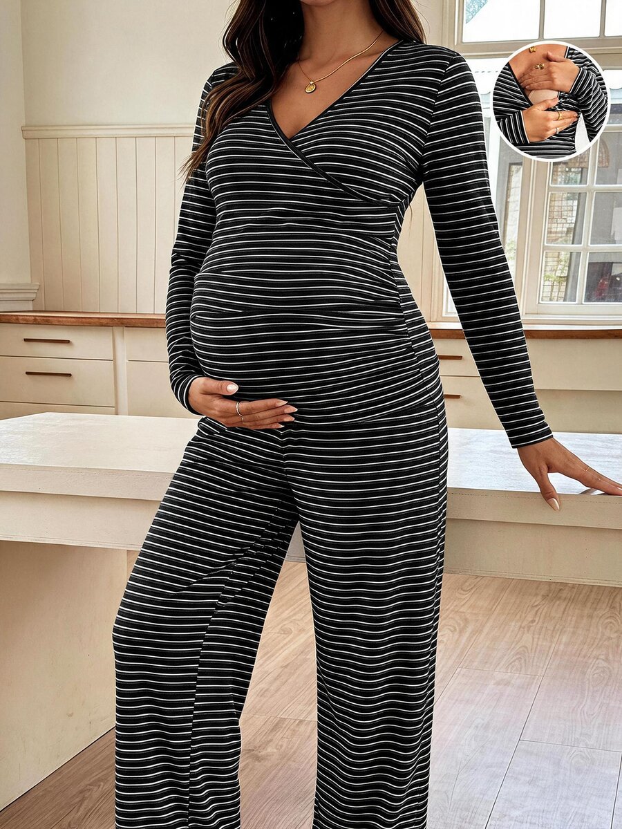SHEIN 孕婦哺乳V領長袖上衣與長褲條紋兩件套 秋季 - 深灰色 - 查看 1