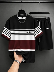 KRYTIVO Plus Size Graffiti Set For Men, Black & Orange Contrast Color King Print Short Sleeve & Shorts 2 Pieces Set, Loose Fit Slimming American Street Casual Sports Outfit - Multicolor - View 3