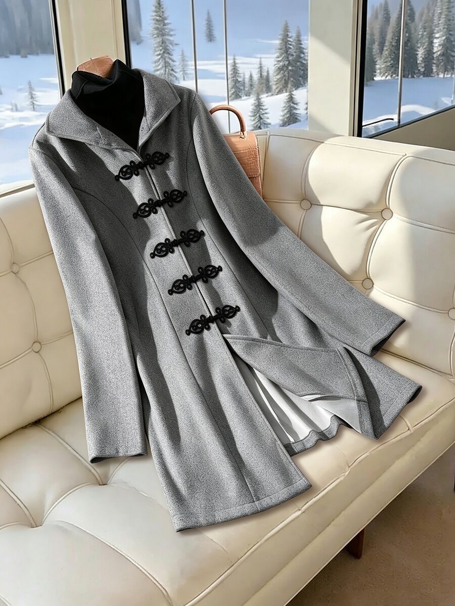 SHEIN Clasi Plus Size Women's Lapel Collar Solid Color Overcoat - Grey - View 1