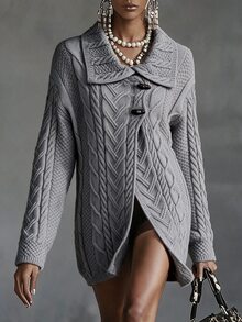 Omancia Elegant Lapel Horn Button Long Sleeve Design Women's Cardigan - Grey - View 4