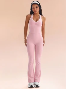 Eassivo Women's Minimalist Pleated Colorblock Sports Jumpsuit - Pink - View 3
