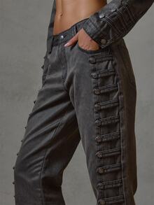 MUSERA Celana Jeans Denim Hitam Model Fitted Flare dengan Detail Militer untuk Musim Gugur dan Musim Dingin, Cocok untuk Sehari-hari, Kembali ke Sekolah, dan Aktivitas Militer lainnya. - Grey - View 2