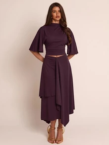 SHEIN BAE Fall Winter Deep Purple High Neck Loose Crop Top Layered Asymmetric Midi Skirt Two Piece Set Elegant Outfit - Brown - View 6