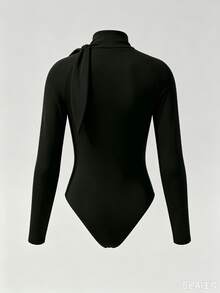 INAWLY Women's Solid Color Casual Daily Long Sleeve Bodysuit - Black - View 3