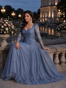 Auveirra Plus Size Women's Contrast Lace Sweetheart Neck Long Sleeve Mesh Hem Elegant Dress - Blue - View 4