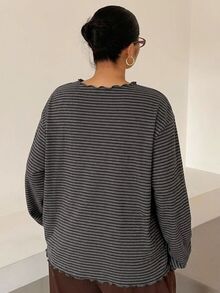 Livesso 超寬鬆條紋長袖灰色秋季T恤 度假晚間休閒街頭風 - 深灰色 - 查看 2