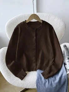 SHEIN 少女純色長袖單排扣休閒針織開襟衫 - 棕色 - 查看 1