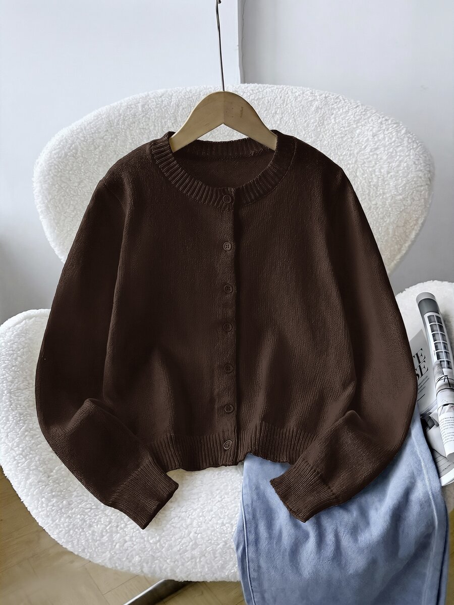 SHEIN 少女純色長袖單排扣休閒針織開襟衫 - 棕色 - 查看 1