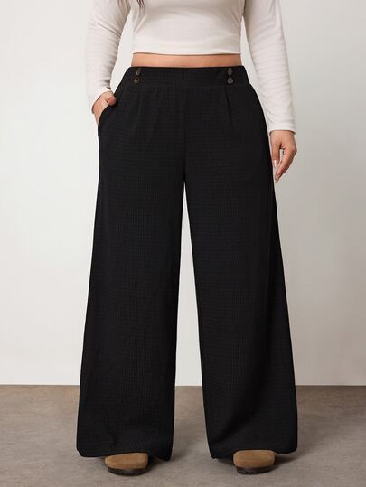 Enliva Plus Size Women's Double-Button Straight Leg Casual Stretch Black Trousers
