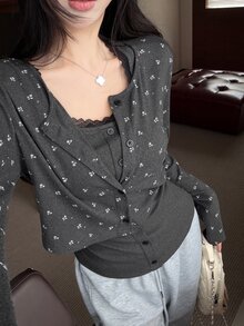 DAZY Dark Gray Floral Contrast Lace Trim Faux Two-Piece Button Slim Fit Cropped Long Sleeve Knit Set - Black - View 8