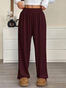 CovetEZ Plus Size Women Solid Color Drawstring Waist Casual Versatile Daily Wear Sweatpants - Burgundy - View 6