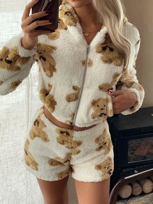 CovetEZ Women's Plush Zip-Up Hooded Top With Pockets And Cartoon Jacquard Shorts Set - White - View 3