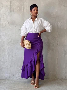 BamGlimmer Autumn/Winter Brown Skirt, Ruffle High Slit Design, Fashionable And Elegant, Suitable For Travel, Daily Wear, Shopping, Parties And Gatherings, Versatile For Commuting - Purple - View 6