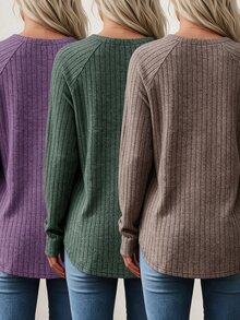 EMERY ROSE Women's Plus Size 3-Piece Set Fashion Top, Autumn/Winter Basic Loose Elegant Round Neck Long Sleeve Pullover - Multicolor - View 2