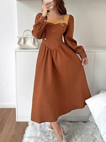 Feyla Women's Floral Embroidered Pleated Casual Party Summer Midi Dress - Brown - View 3