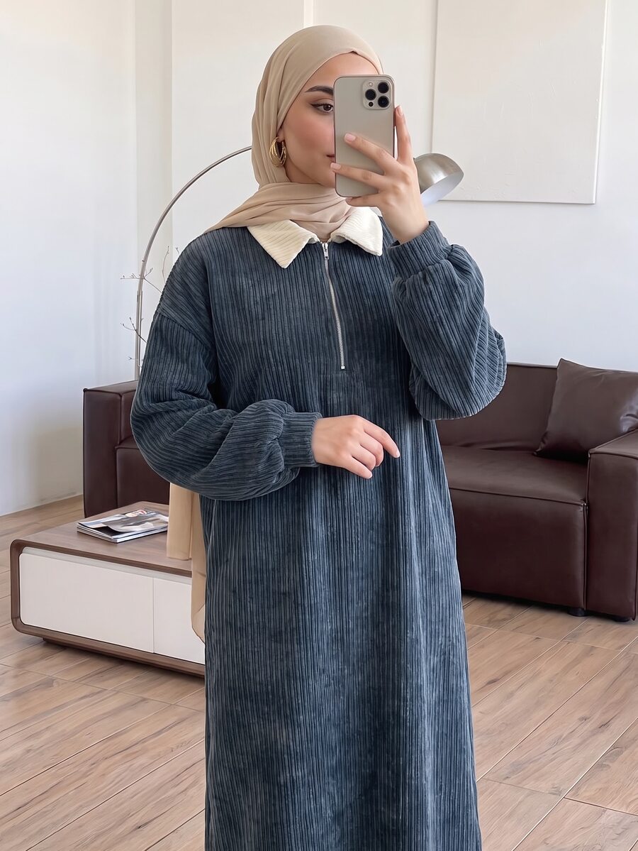Solavon Women's Colorblock Lapel Zip Design Long Sleeve Arabian Dress - Blue - View 1