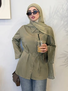 Solavon Women's Long Sleeve Knot Waist Belt Button Asymmetric Design Arab Style Blouse - Green - View 2