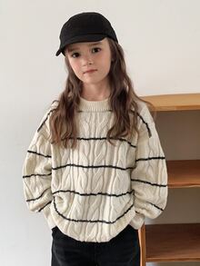 DAZY (Gadis Remaja) Sweater Rajut Kasual Leher Bulat Bergaris Blok Warna Lucu Bergaya Longgar - Aprikot - View 4
